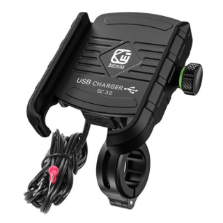 Držák telefonu s objímkou na řídítka s USB zásuvkou"CRAB R9-METAL USB QC" na motorku